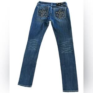 Miss Me Womens Size 27 x 32.5 Skinny Jeans with Embellished Fleur De Lis Pockets